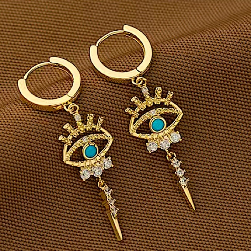 Gold 14K Evil Eye Hoop Zircon Drop Dangling Minimalist Earrings